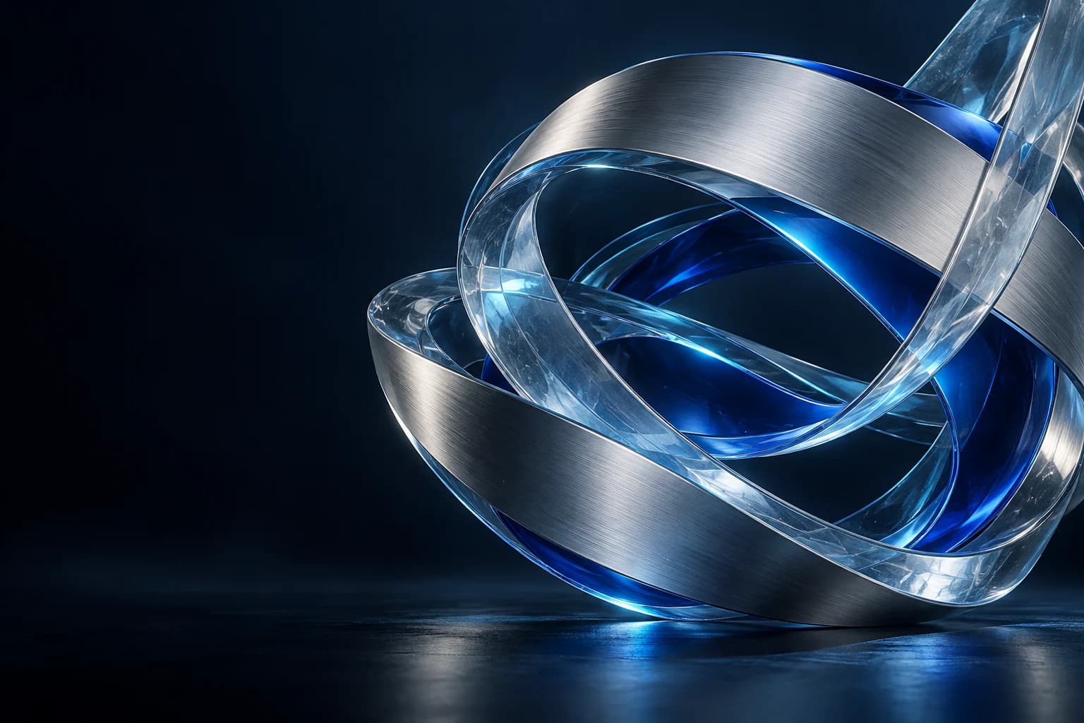 Silver and blue glass forms intertwined against a dark background