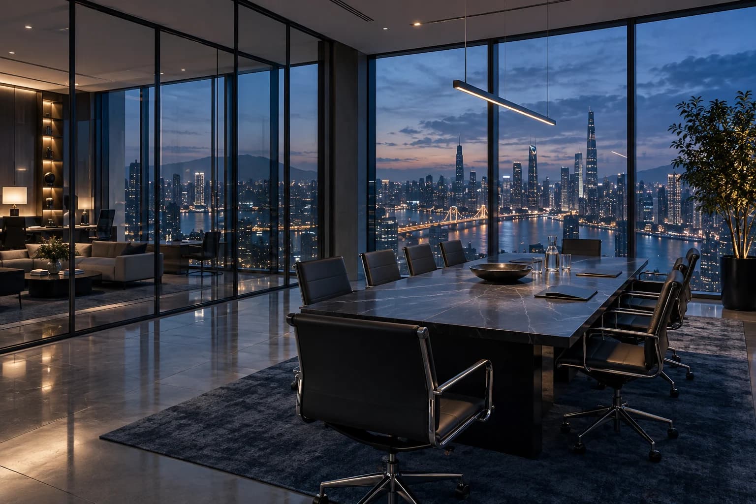 Illustrative modern financial-services office overlooking a city at blue hour