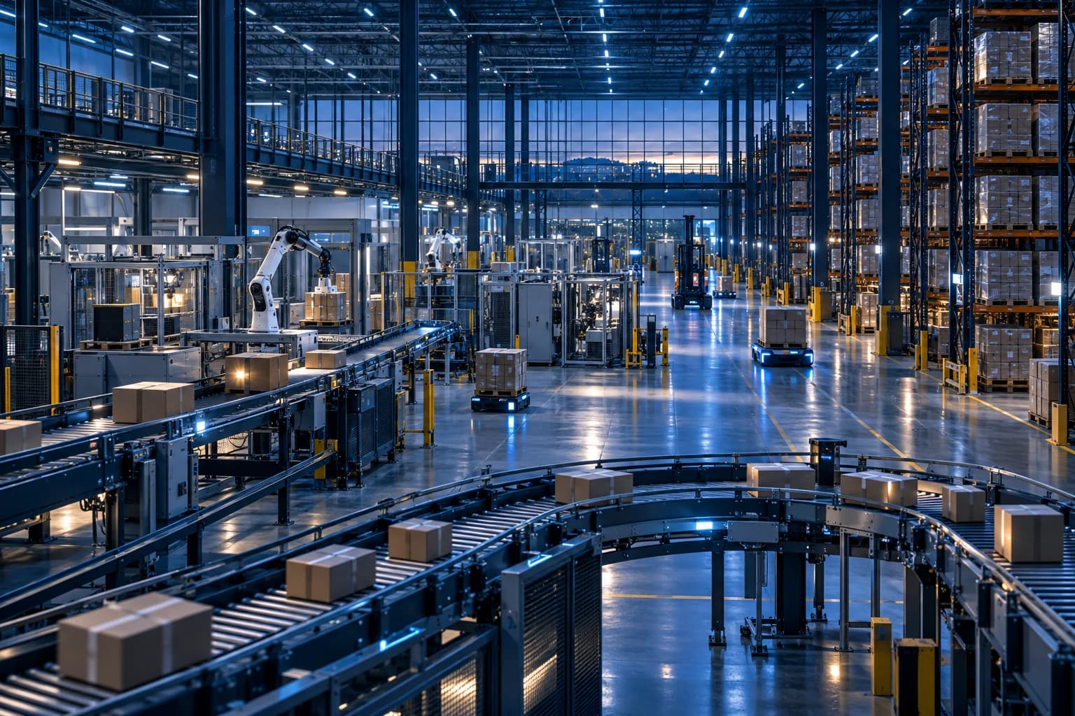 Illustrative logistics facility with organized warehouse aisles and automated conveyors