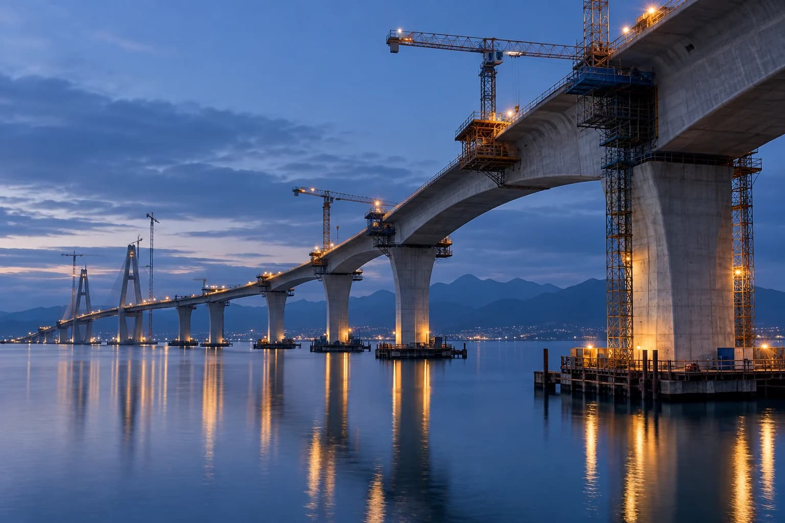 Illustrative public-works bridge construction at blue hour